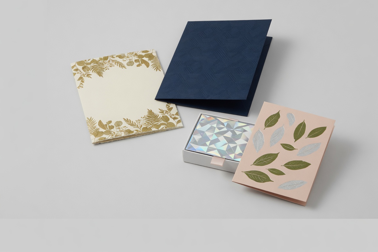 Foil invitation, embossed folder, holographic box and a leaf card